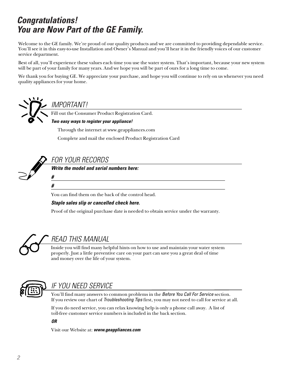 For your records, Read this manual if you need service, Important | GE PROFILE PERFORMANCE SERIES PNSF39Z01 User Manual | Page 2 / 36