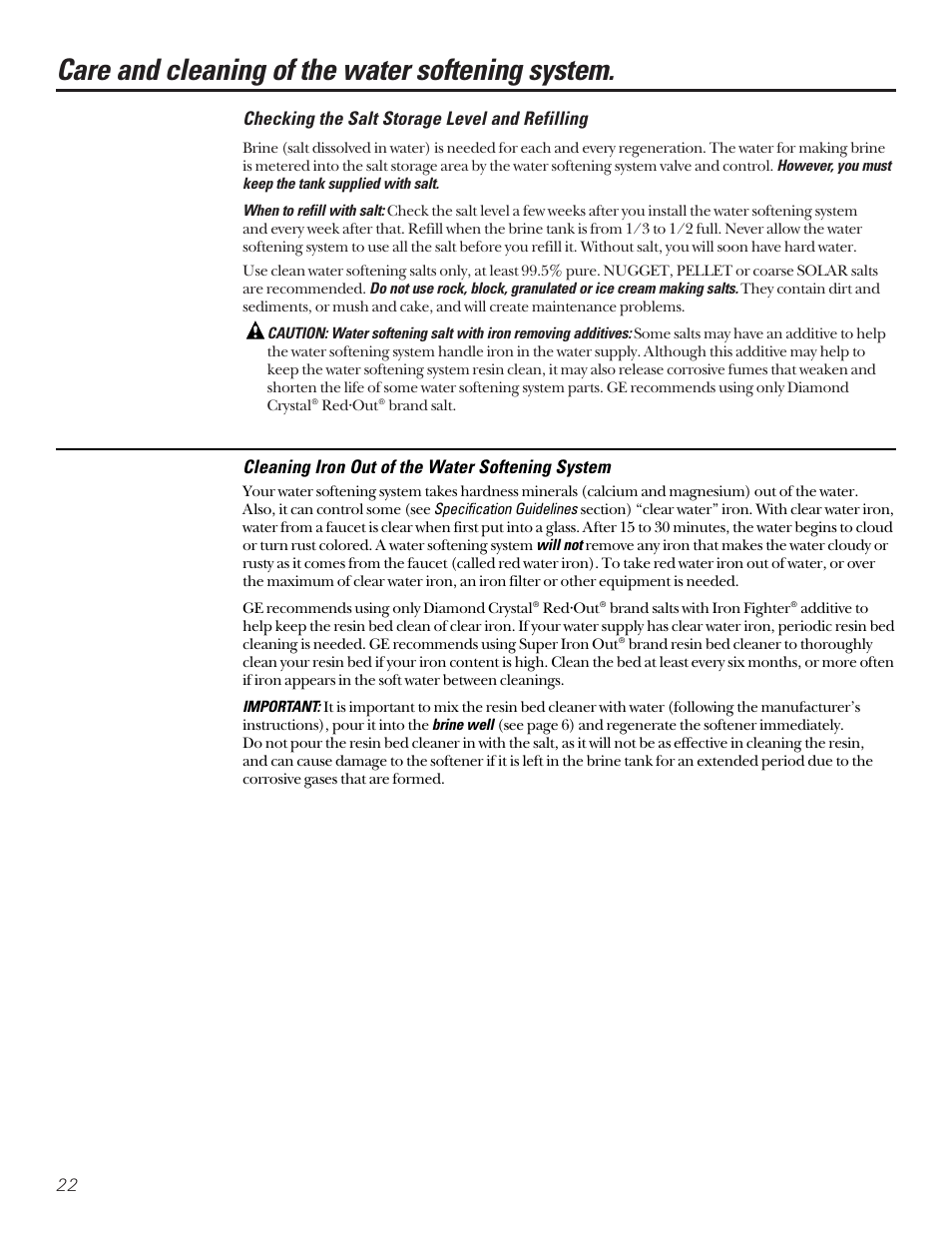 Salt storage level and refilling, Cleaning out iron, Salt storage level and refilling cleaning out iron | Care and cleaning of the water softening system | GE PROFILE PERFORMANCE SERIES PNSF39Z01 User Manual | Page 22 / 36