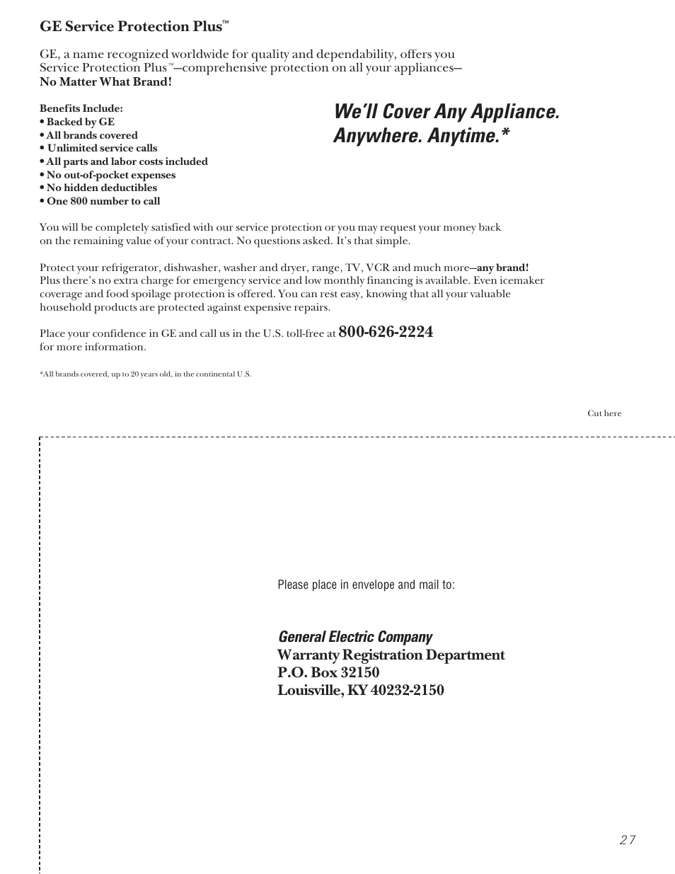 Appliance registration, Appliance registration , 28, We’ll cover any appliance. anywhere. anytime | General electric company | GE PROFILE PERFORMANCE SERIES PNSF39Z01 User Manual | Page 27 / 36
