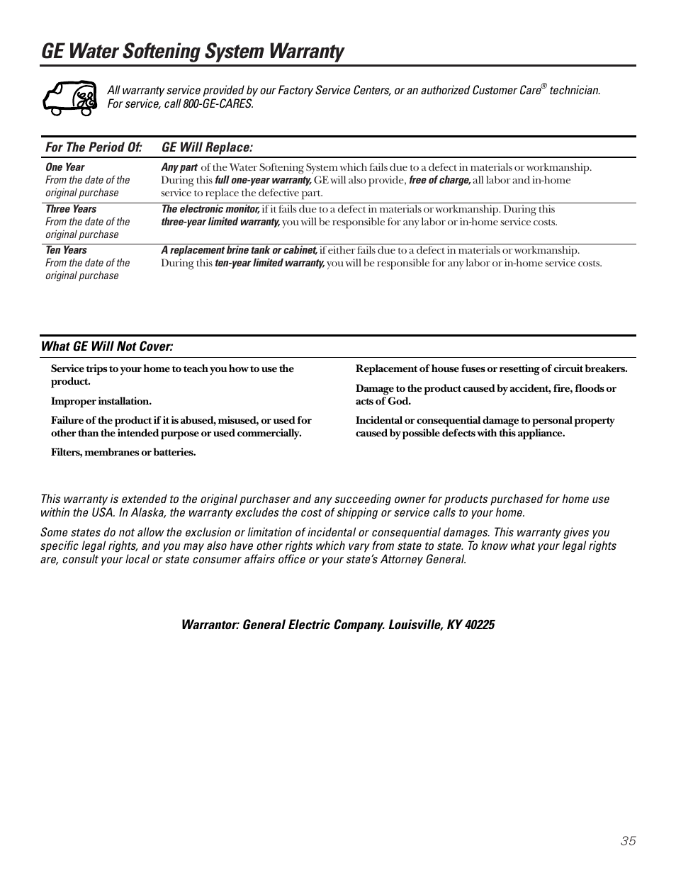 Warranty, Ge water softening system warranty | GE PROFILE PERFORMANCE SERIES PNSF39Z01 User Manual | Page 35 / 36