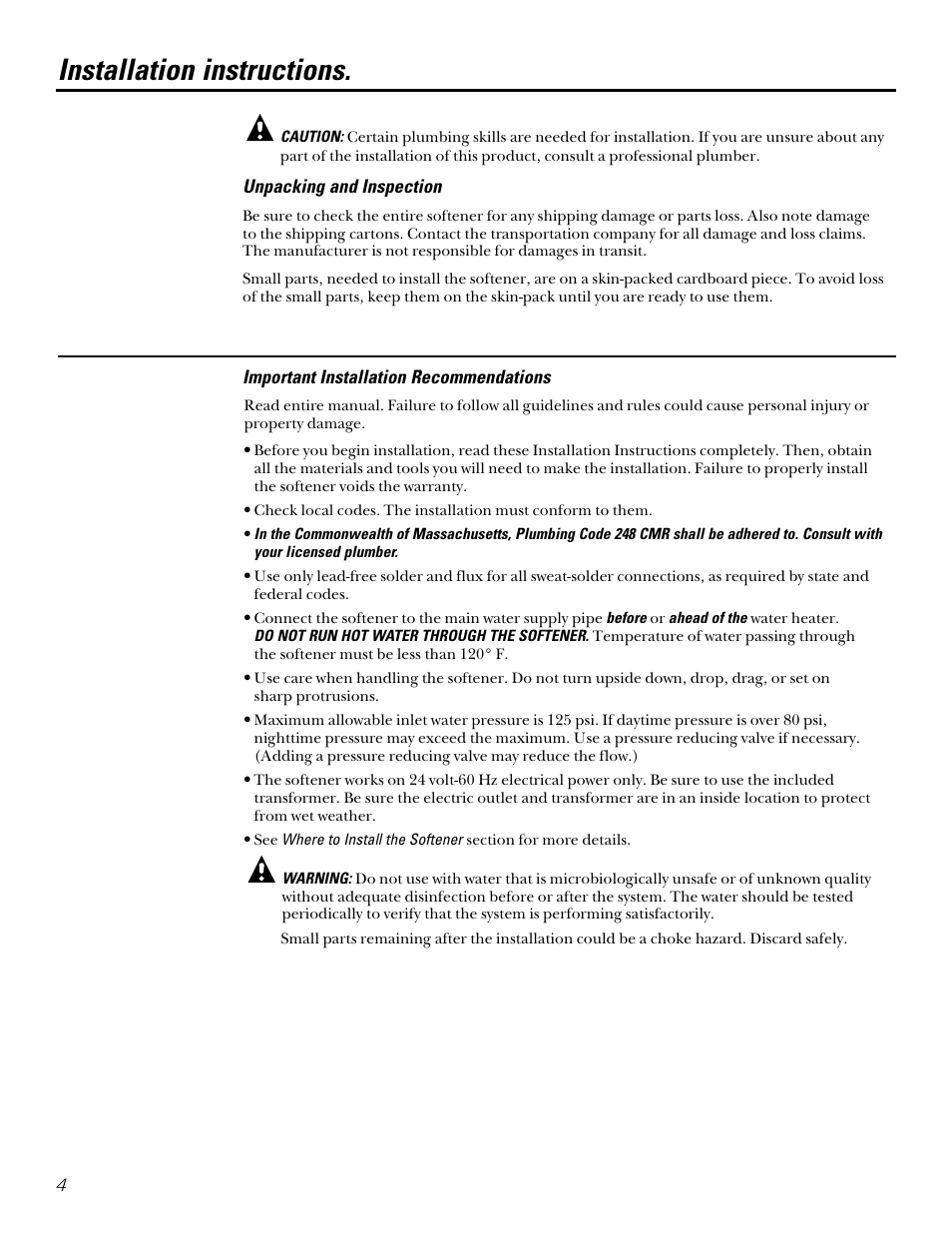 Important recommendations, Installation instructions, Unpacking and inspection | GE PROFILE PERFORMANCE SERIES PNSF39Z01 User Manual | Page 4 / 36