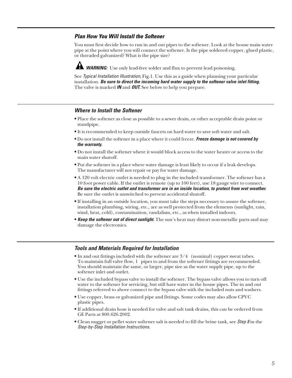 Planning and location, Tools and materials required, Where to install the softener | Tools and materials required for installation, Plan how you will install the softener | GE PROFILE PERFORMANCE SERIES PNSF39Z01 User Manual | Page 5 / 36