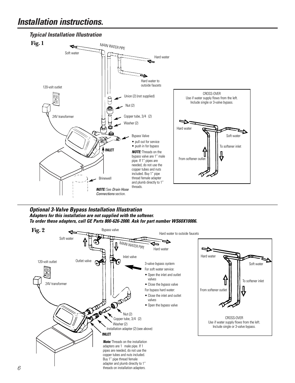 Installation instructions, Typical installation illustration, Optional 3-valve bypass installation illustration | Fig. 1 fig. 2 6 | GE PROFILE PERFORMANCE SERIES PNSF39Z01 User Manual | Page 6 / 36