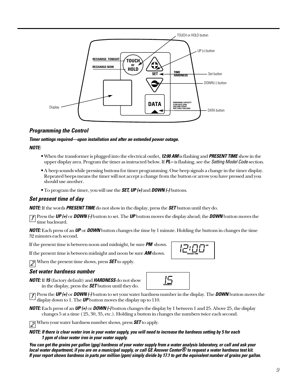 Programming the control, Set present time of day, Set water hardness number | GE PROFILE PERFORMANCE SERIES PNSF39Z01 User Manual | Page 9 / 36
