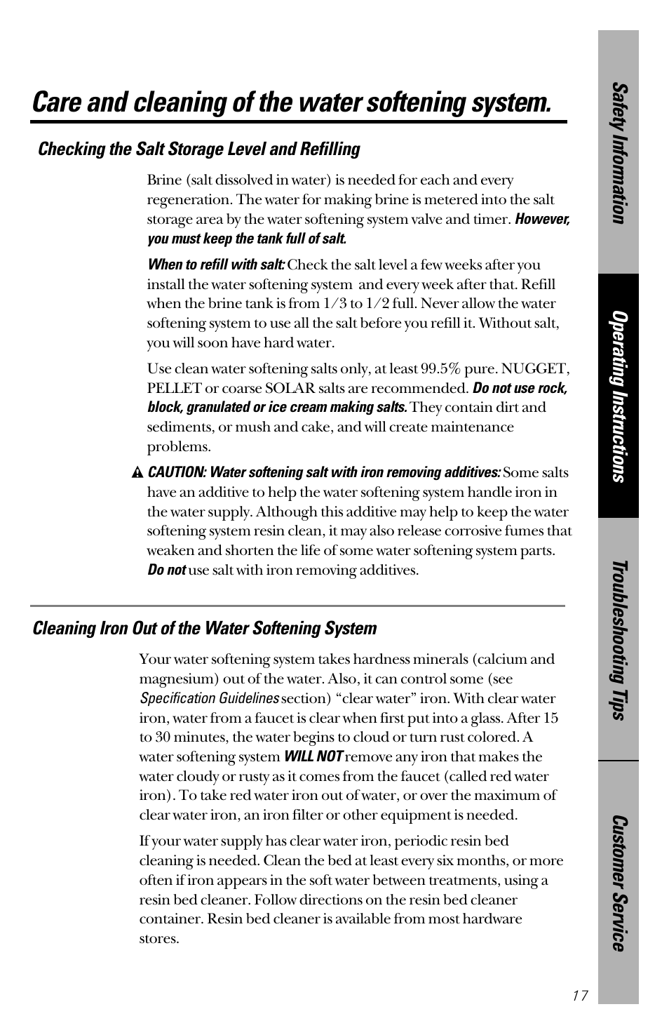 Care and cleaning, Care and cleaning , 18, Care and cleaning of the water softening system | GE PNSF31Z01 User Manual | Page 17 / 28