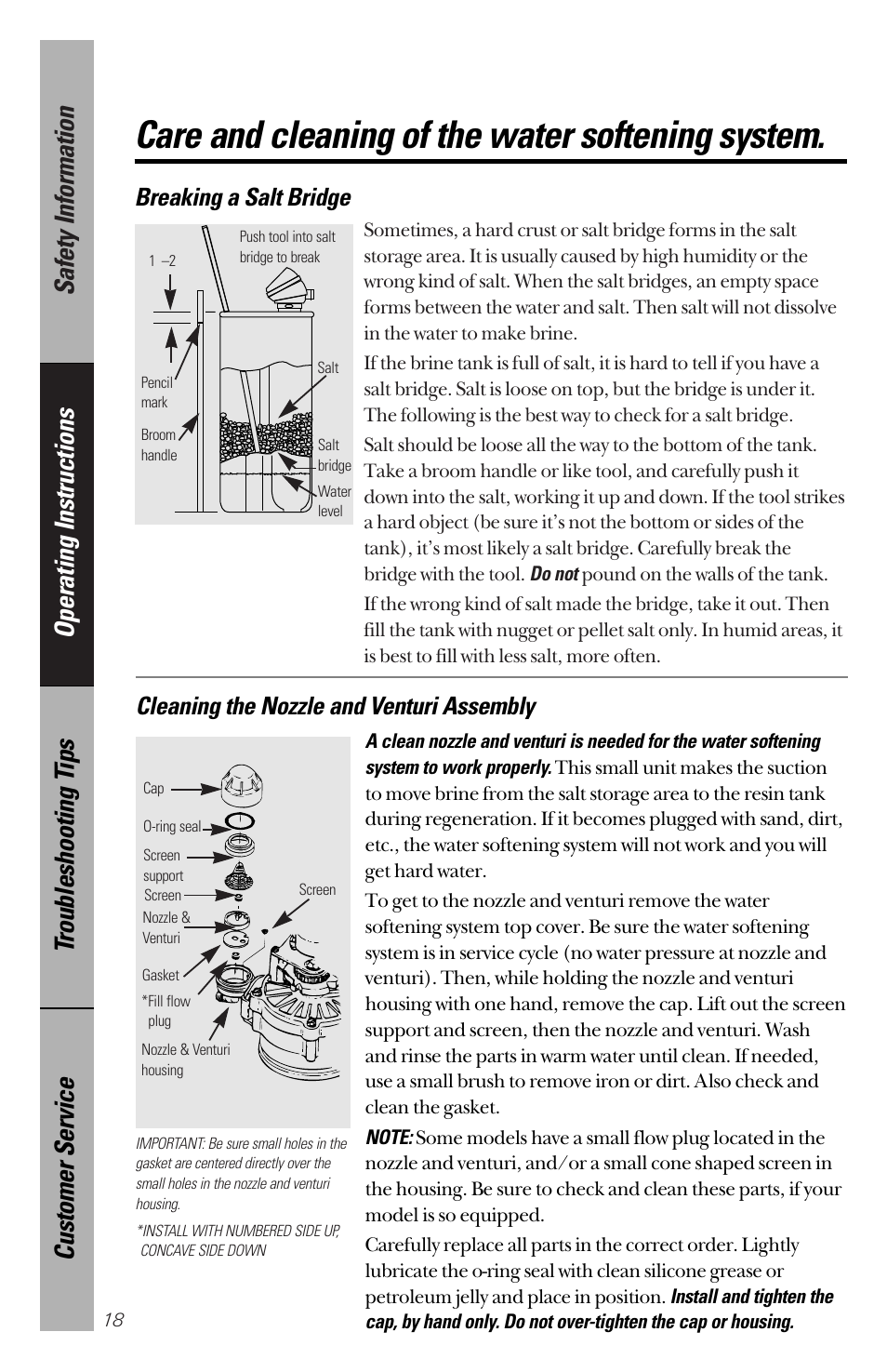 Care and cleaning of the water softening system, Breaking a salt bridge, Cleaning the nozzle and venturi assembly | GE PNSF31Z01 User Manual | Page 18 / 28