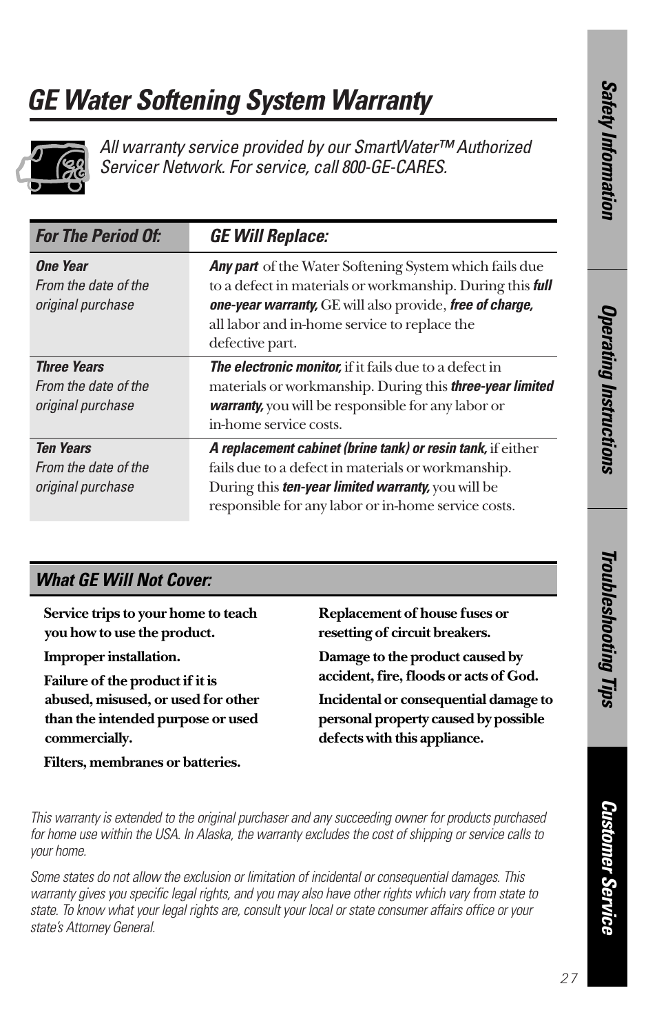 Warranty information, Ge water softening system warranty, For the period of: ge will replace | What ge will not cover | GE PNSF31Z01 User Manual | Page 27 / 28