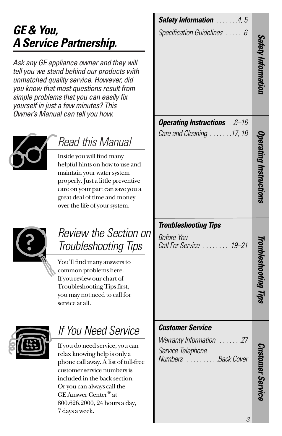 Troubleshooting tips, Customer service, Ge & you, a service partnership | Read this manual, If you need service | GE PNSF31Z01 User Manual | Page 3 / 28