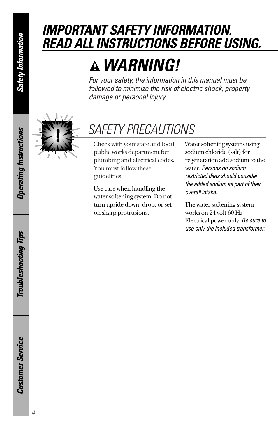 Safety information, Safety information , 5, Warning | Safety precautions | GE PNSF31Z01 User Manual | Page 4 / 28