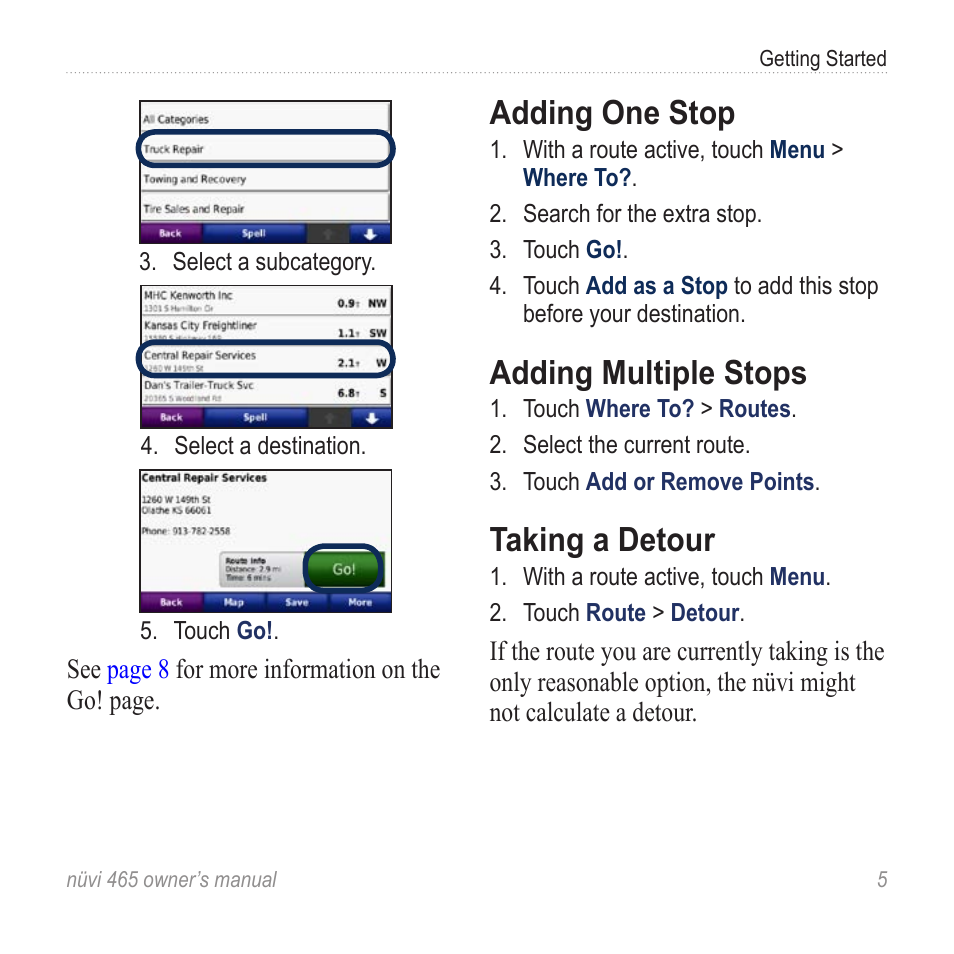 Adding one stop, Adding multiple stops, Taking a detour | Garmin nuvi 465 User Manual | Page 11 / 60