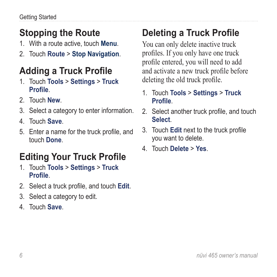 Stopping the route, Adding a truck profile, Editing your truck profile | Deleting a truck profile | Garmin nuvi 465 User Manual | Page 12 / 60