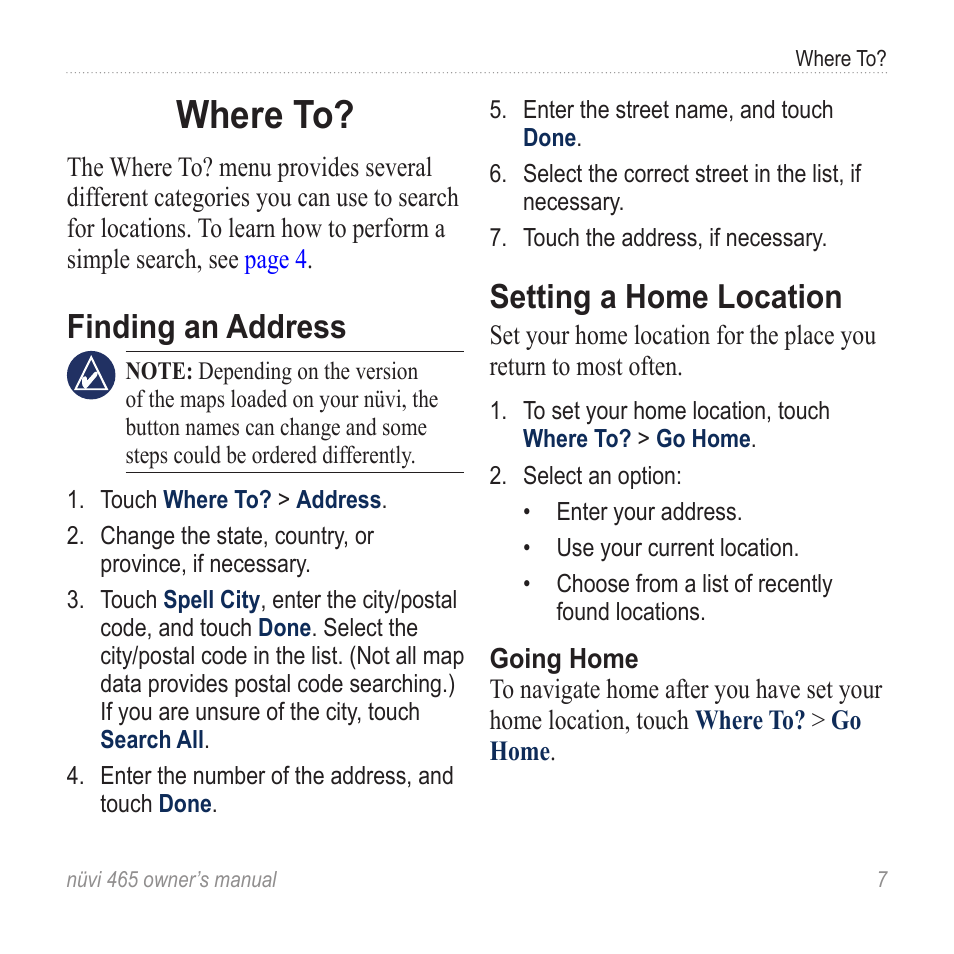 Where to, Finding an address, Setting a home location | Garmin nuvi 465 User Manual | Page 13 / 60