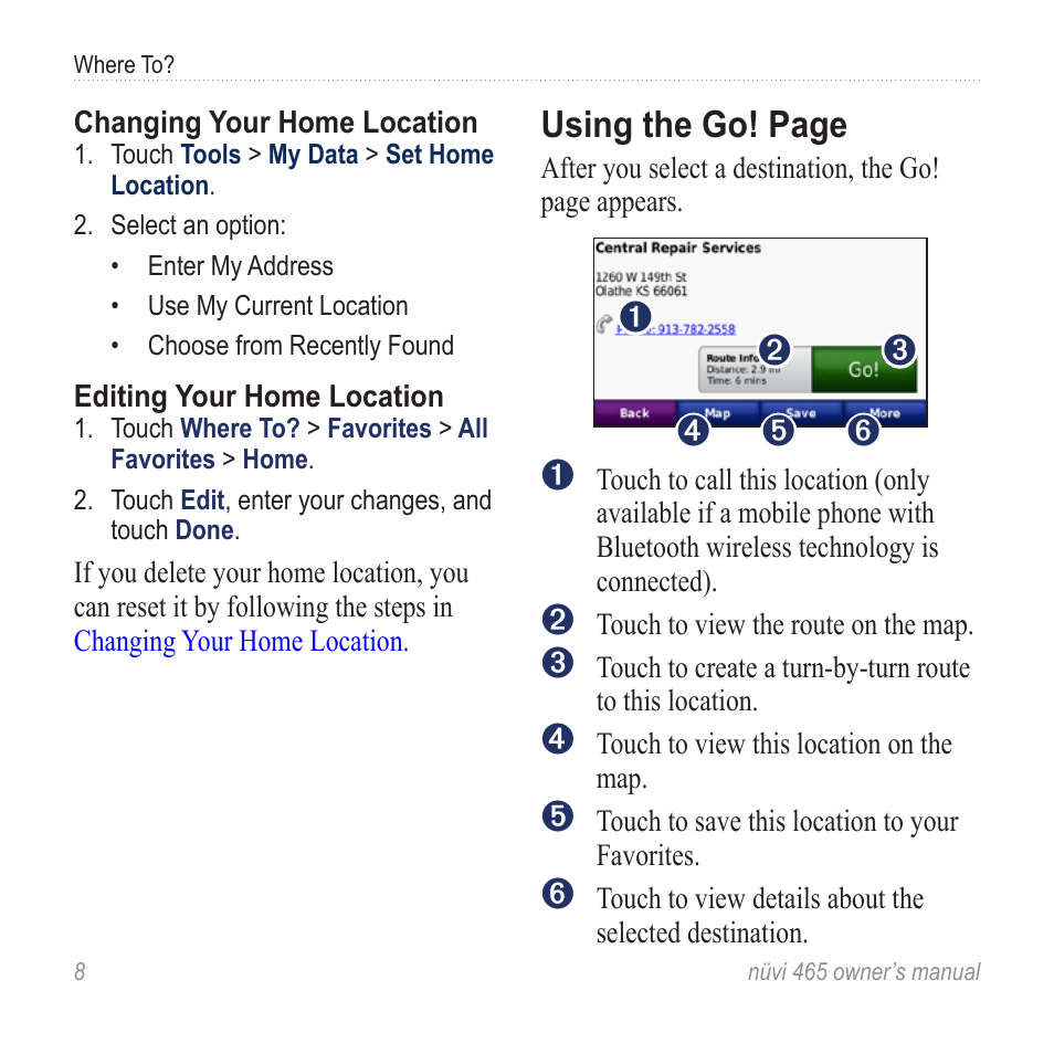 Using the go! page | Garmin nuvi 465 User Manual | Page 14 / 60