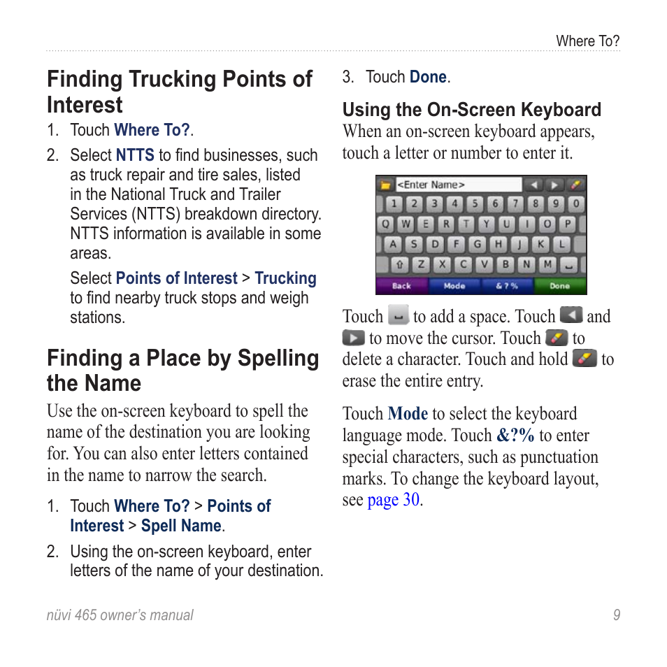 Finding trucking points of interest, Finding a place by spelling the name, Finding a place by spelling the | Name | Garmin nuvi 465 User Manual | Page 15 / 60