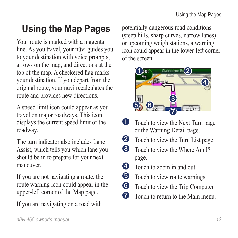 Using the map pages | Garmin nuvi 465 User Manual | Page 19 / 60