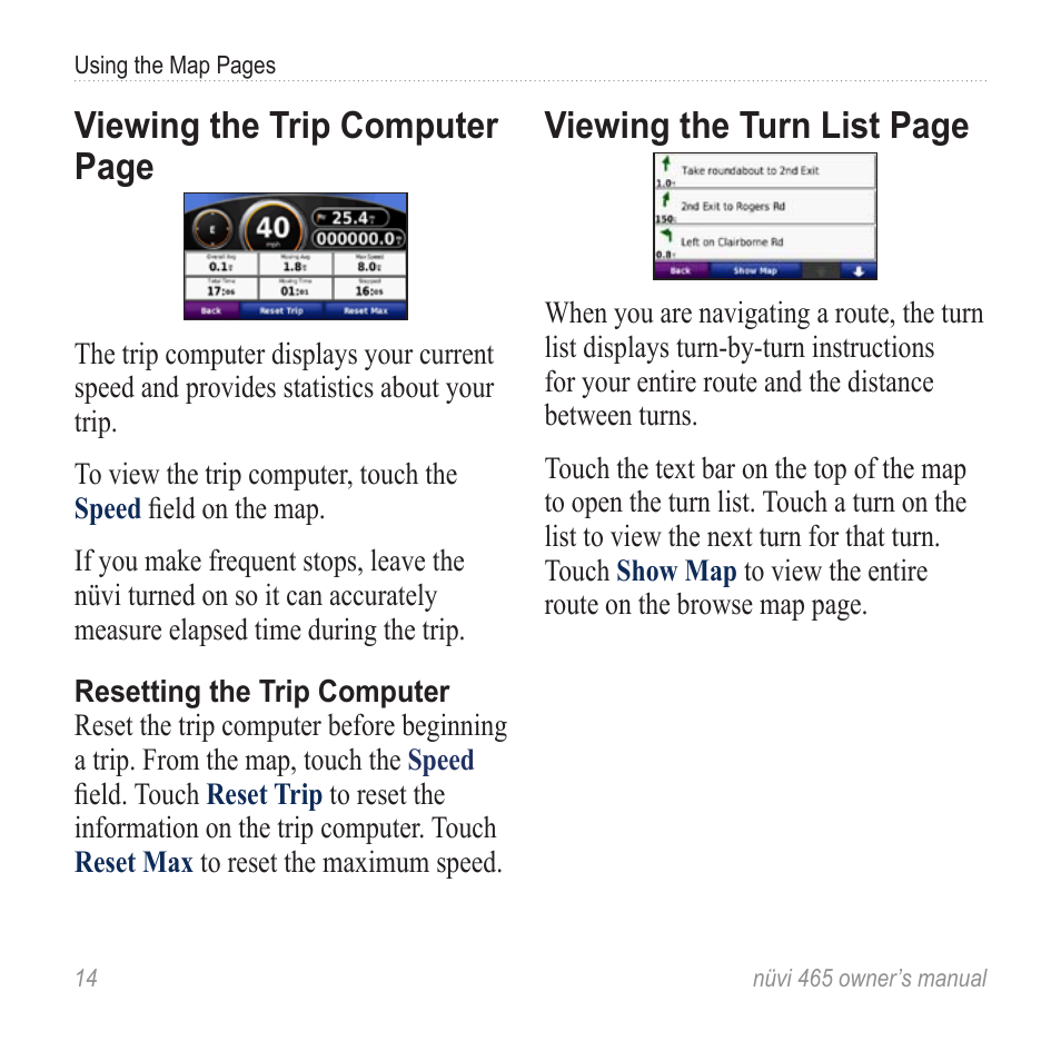 Viewing the trip computer page, Viewing the turn list page | Garmin nuvi 465 User Manual | Page 20 / 60