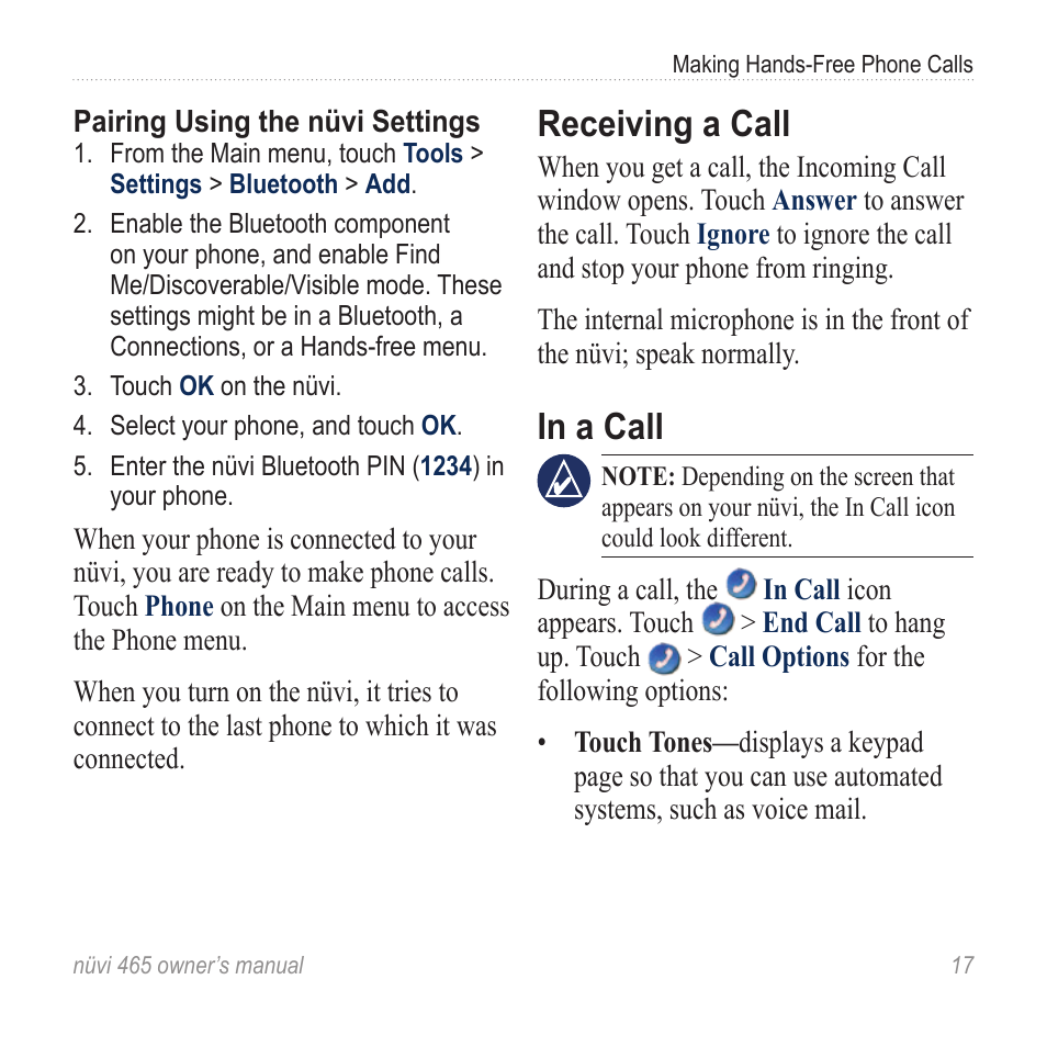 Receiving a call, In a call | Garmin nuvi 465 User Manual | Page 23 / 60