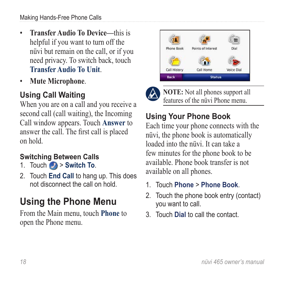 Using the phone menu | Garmin nuvi 465 User Manual | Page 24 / 60