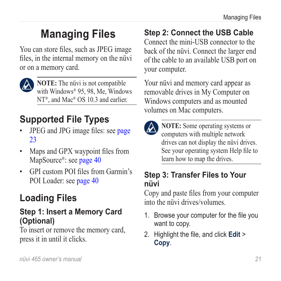 Managing files, Supported file types, Loading files | Garmin nuvi 465 User Manual | Page 27 / 60