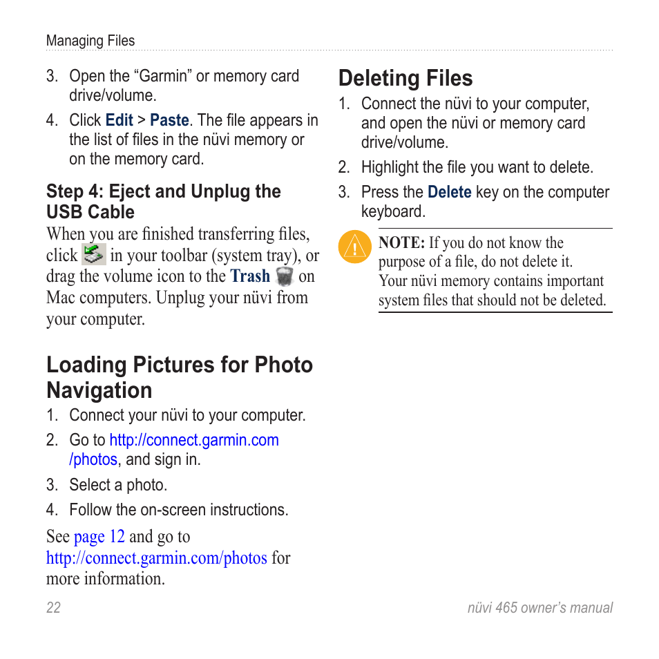 Loading pictures for photo navigation, Deleting files, Loading pictures for photo | Navigation | Garmin nuvi 465 User Manual | Page 28 / 60