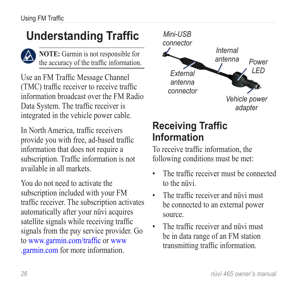 Understanding traffic, Receiving traffic information | Garmin nuvi 465 User Manual | Page 32 / 60