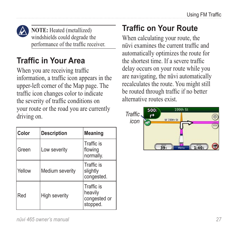 Traffic in your area, Traffic on your route | Garmin nuvi 465 User Manual | Page 33 / 60