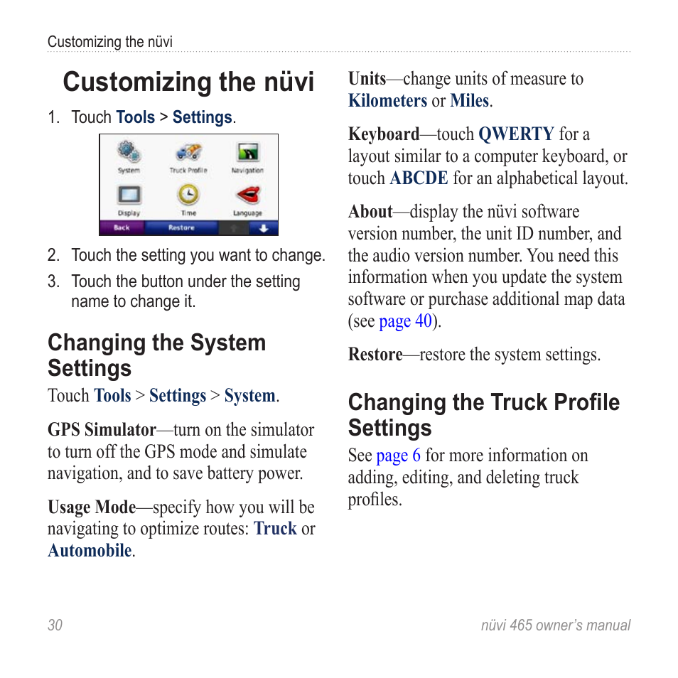 Customizing the nüvi, Changing the system settings, Changing the truck profile settings | Changing the truck profile, Settings | Garmin nuvi 465 User Manual | Page 36 / 60