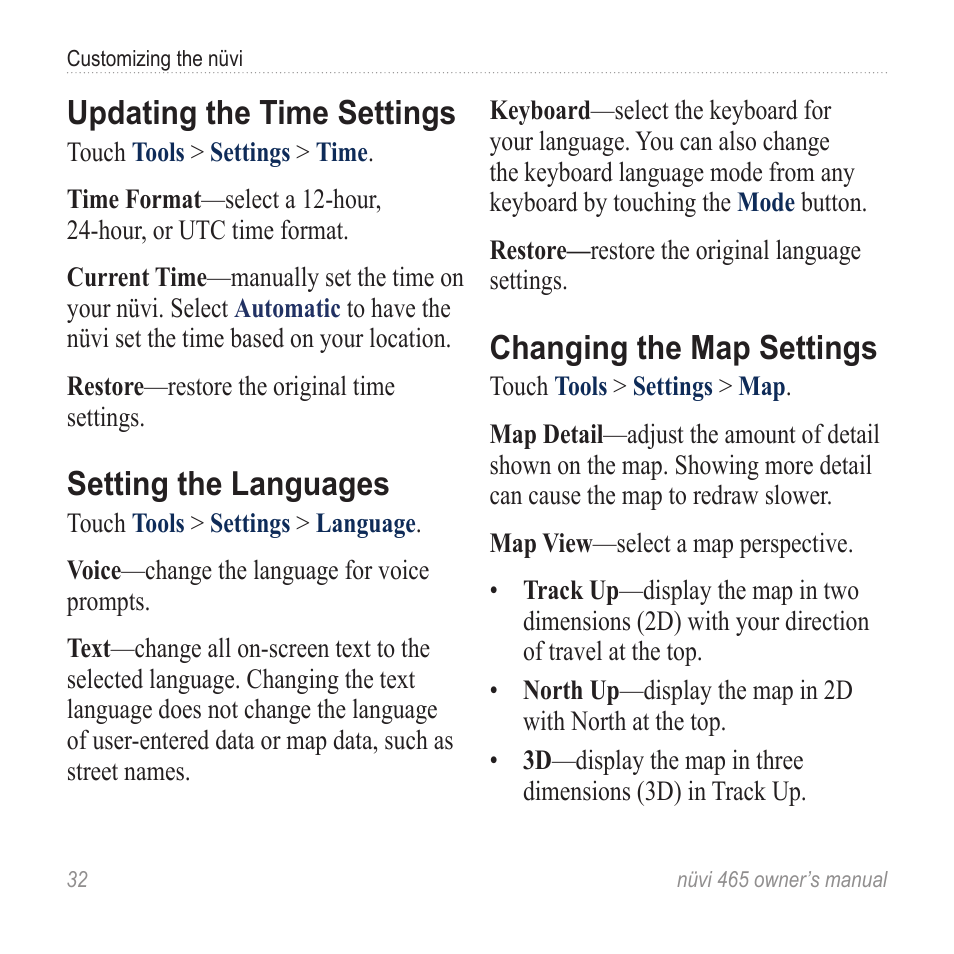 Updating the time settings, Setting the languages, Changing the map settings | Garmin nuvi 465 User Manual | Page 38 / 60