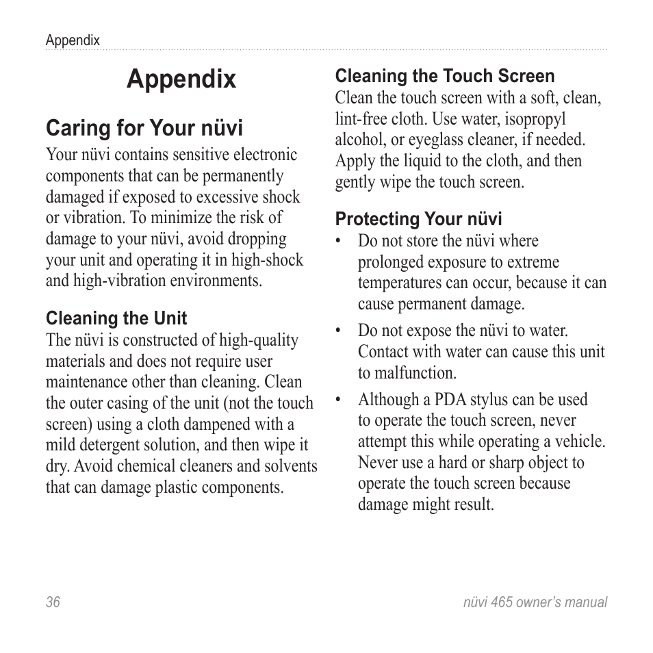 Appendix, Caring for your nüvi | Garmin nuvi 465 User Manual | Page 42 / 60