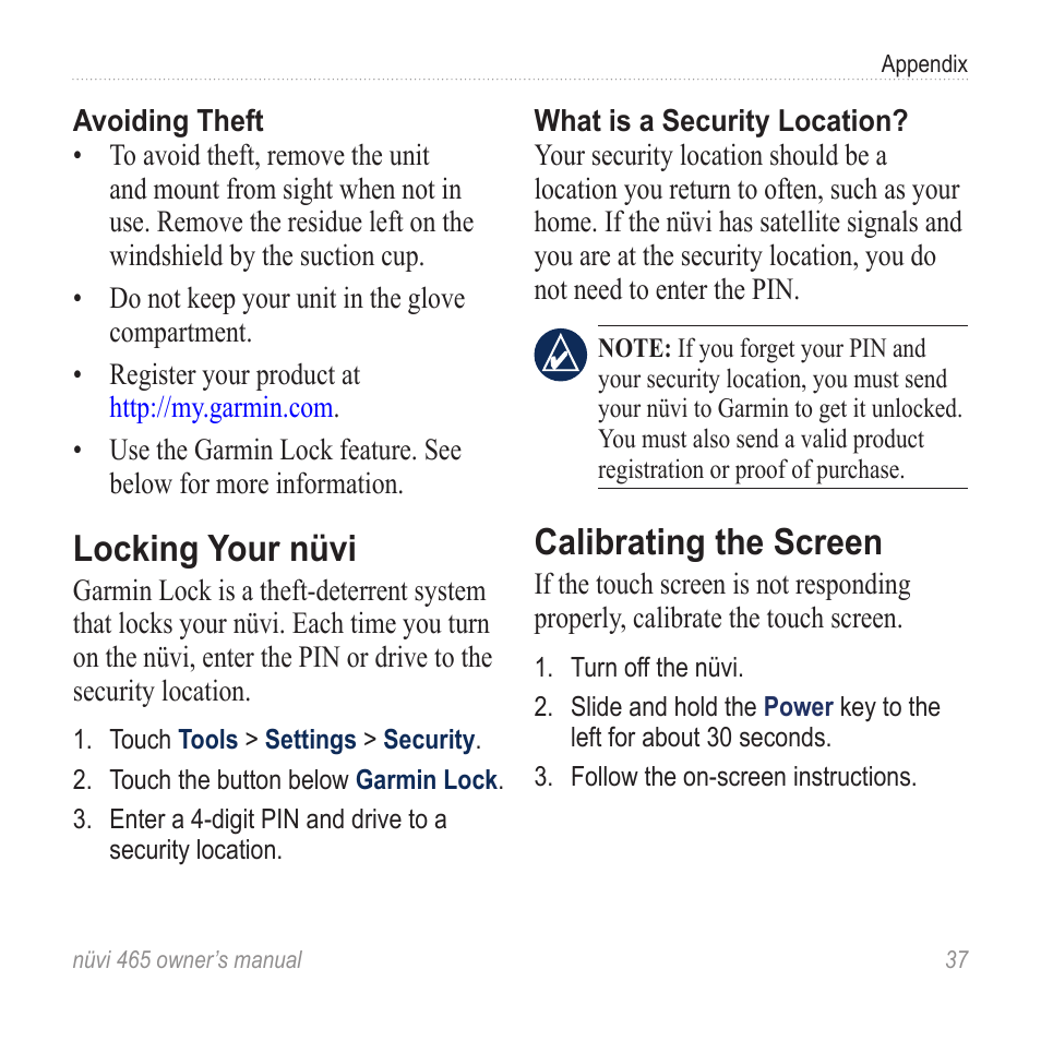 Locking your nüvi, Calibrating the screen | Garmin nuvi 465 User Manual | Page 43 / 60