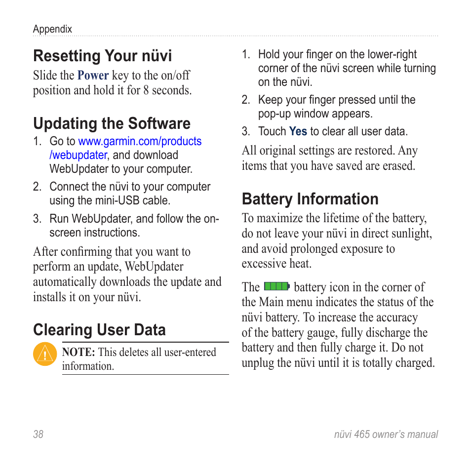 Resetting your nüvi, Updating the software, Clearing user data | Battery information | Garmin nuvi 465 User Manual | Page 44 / 60