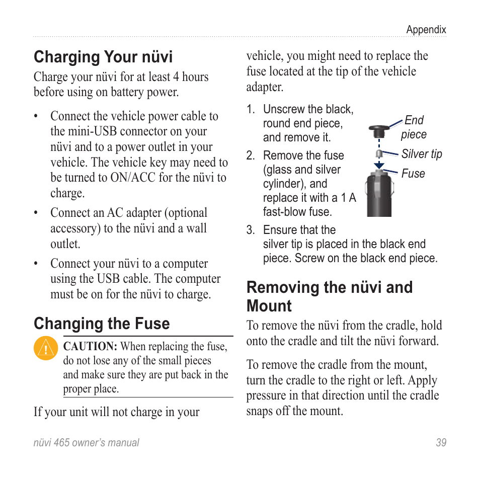 Charging your nüvi, Changing the fuse, Removing the nüvi and mount | Garmin nuvi 465 User Manual | Page 45 / 60