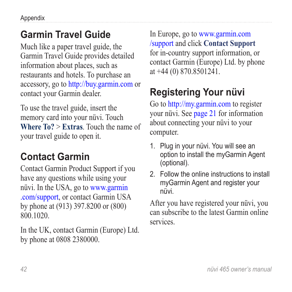 Garmin travel guide, Contact garmin, Registering your nüvi | Garmin nuvi 465 User Manual | Page 48 / 60