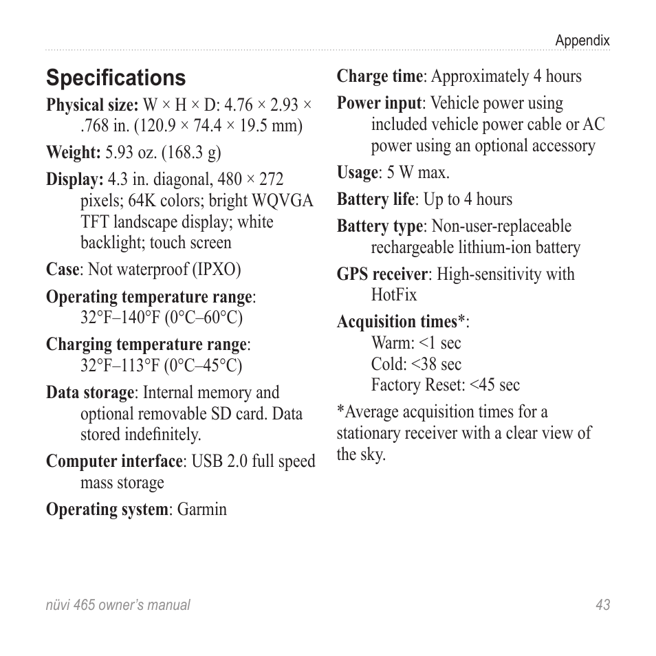 Specifications | Garmin nuvi 465 User Manual | Page 49 / 60
