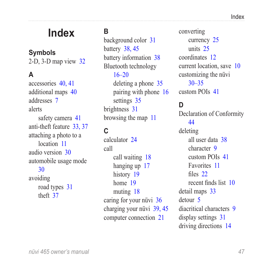 Index | Garmin nuvi 465 User Manual | Page 53 / 60