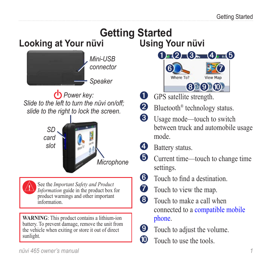 Getting started, Looking at your nüvi, Using your nüvi | Garmin nuvi 465 User Manual | Page 7 / 60