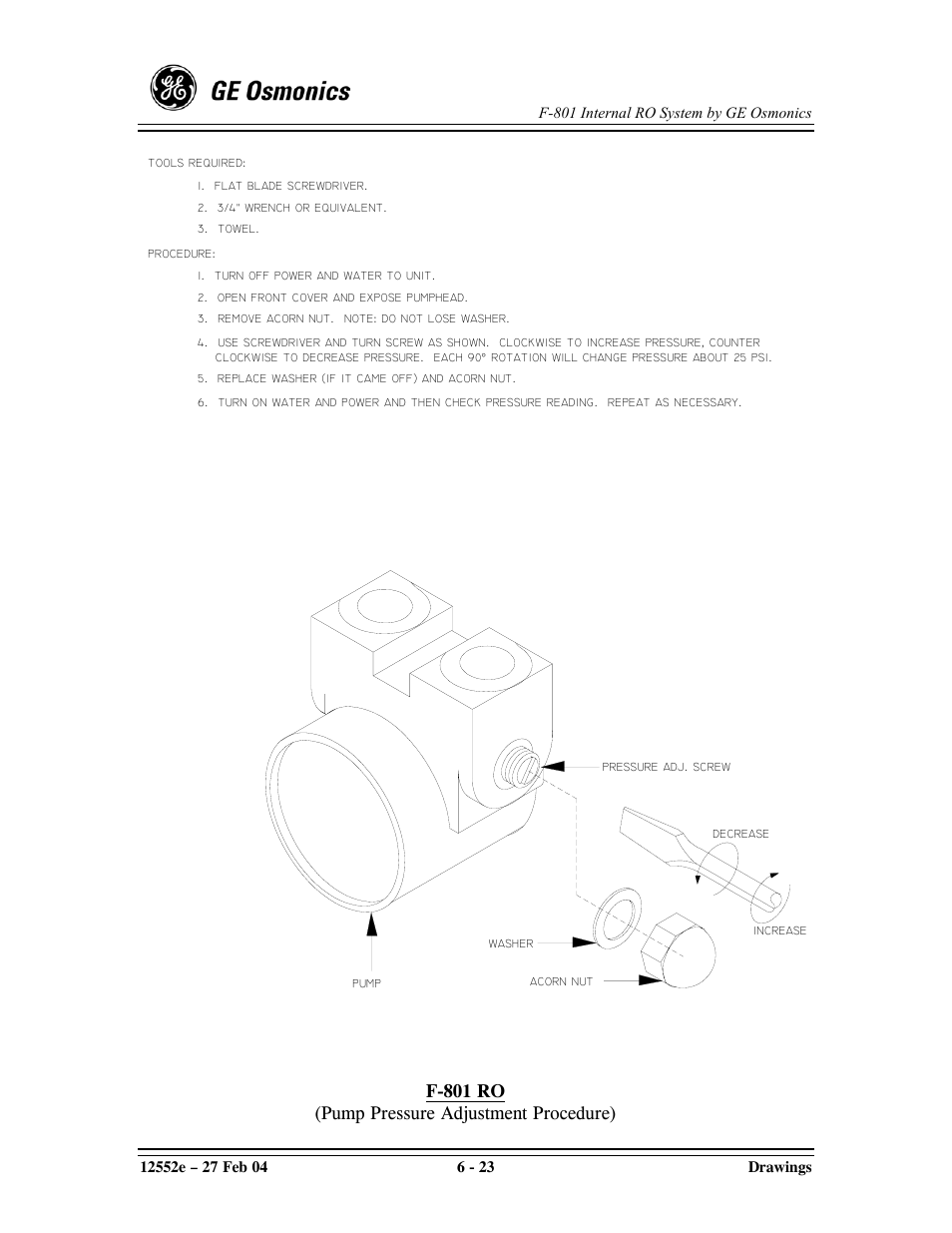 F-801 ro (pump pressure adjustment procedure) | GE F-801 User Manual | Page 111 / 124