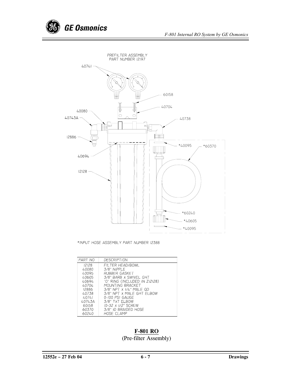 F-801 ro (pre-filter assembly) | GE F-801 User Manual | Page 95 / 124