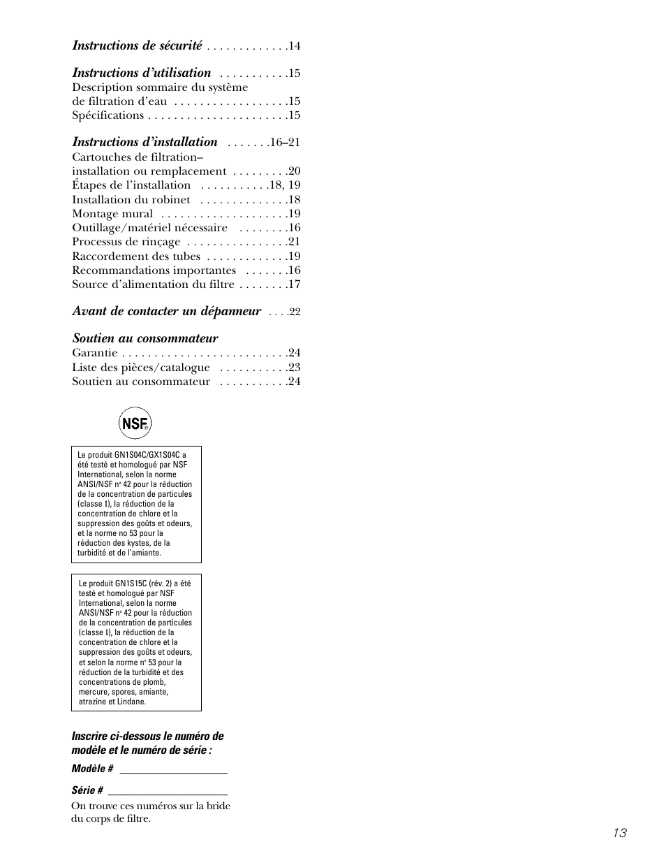 French table of contents, Soutien au consommateur, Instructions de sécurité | Instructions d’utilisation, Instructions d’installation, Avant de contacter un dépanneur | GE GX1S04C User Manual | Page 13 / 36