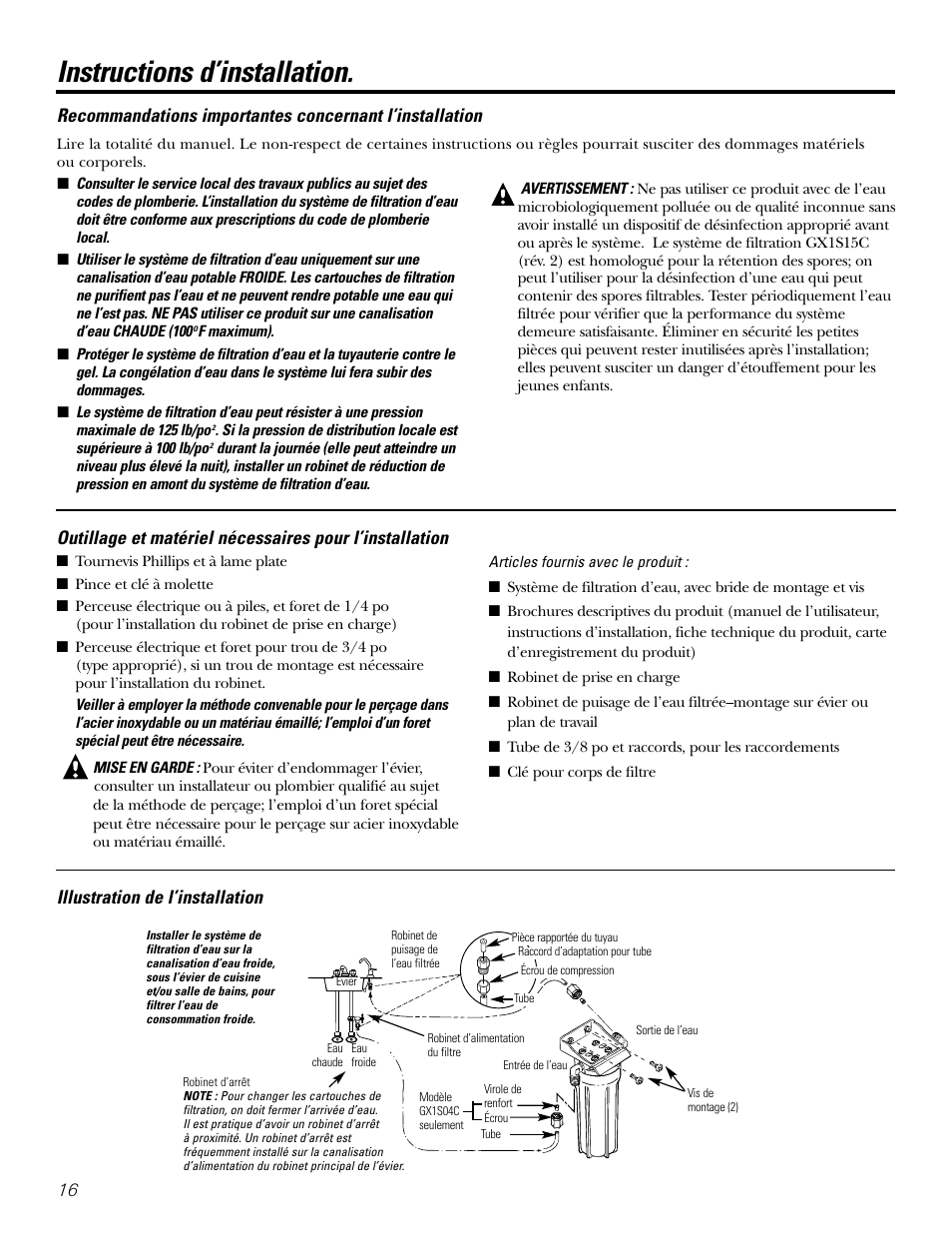 Instructions d’installation, Outillage/matériel nécessaire, Recommandations importantes | GE GX1S04C User Manual | Page 16 / 36