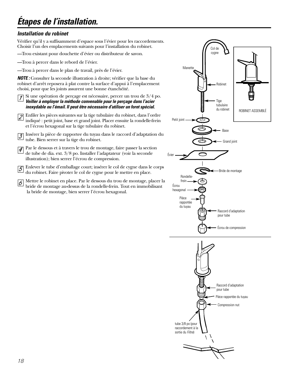 Étapes de l’installation, Installation du robinet | GE GX1S04C User Manual | Page 18 / 36