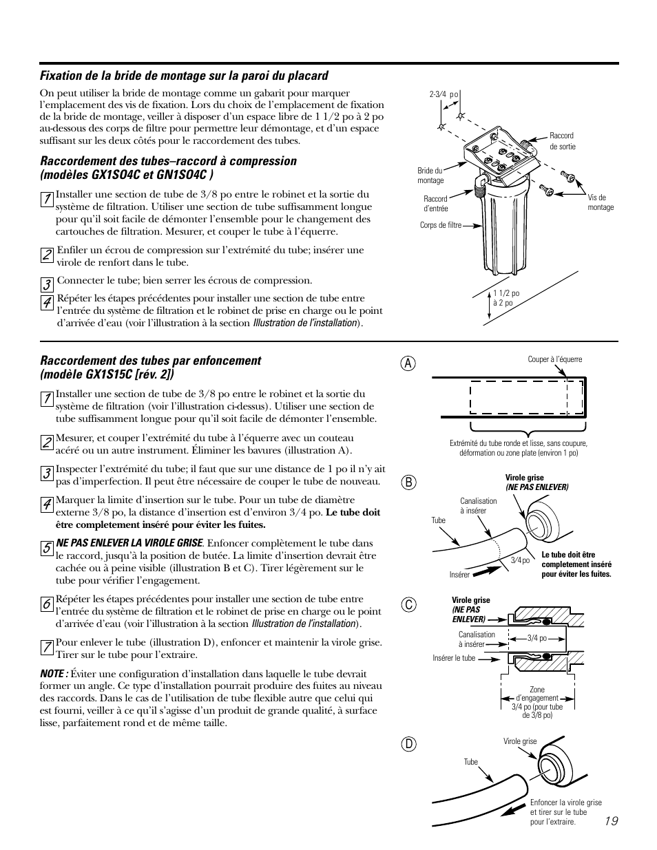 Montage mural, Raccordement des tubes | GE GX1S04C User Manual | Page 19 / 36