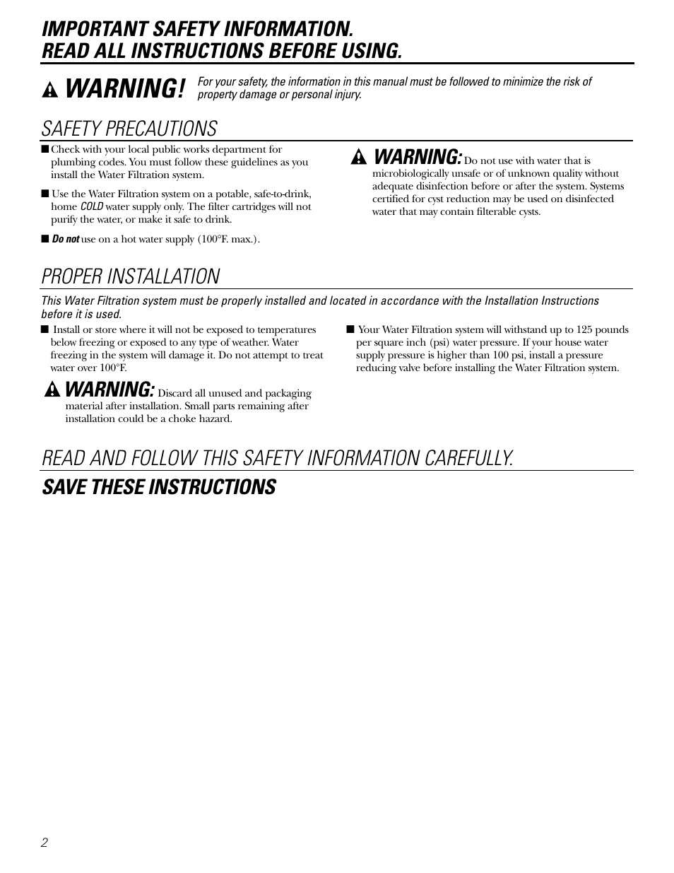 Safety instructions, Warning, Safety precautions | Proper installation | GE GX1S04C User Manual | Page 2 / 36