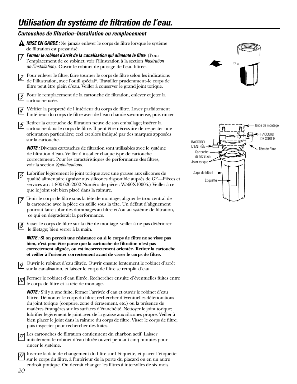 Utilisation du système de filtration de l’eau | GE GX1S04C User Manual | Page 20 / 36