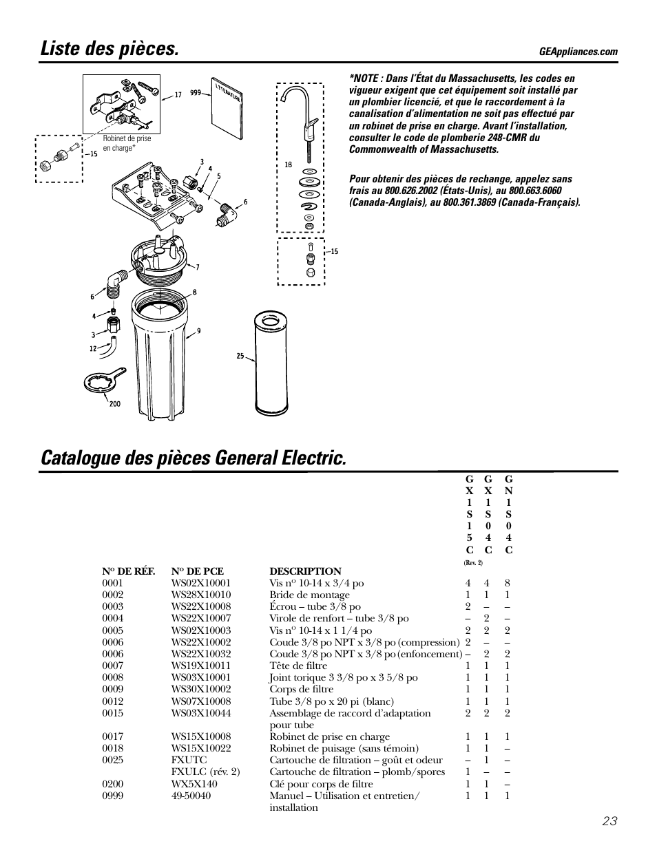 Liste des pièces/catalogue, Liste des pièces, Catalogue des pièces general electric | GE GX1S04C User Manual | Page 23 / 36