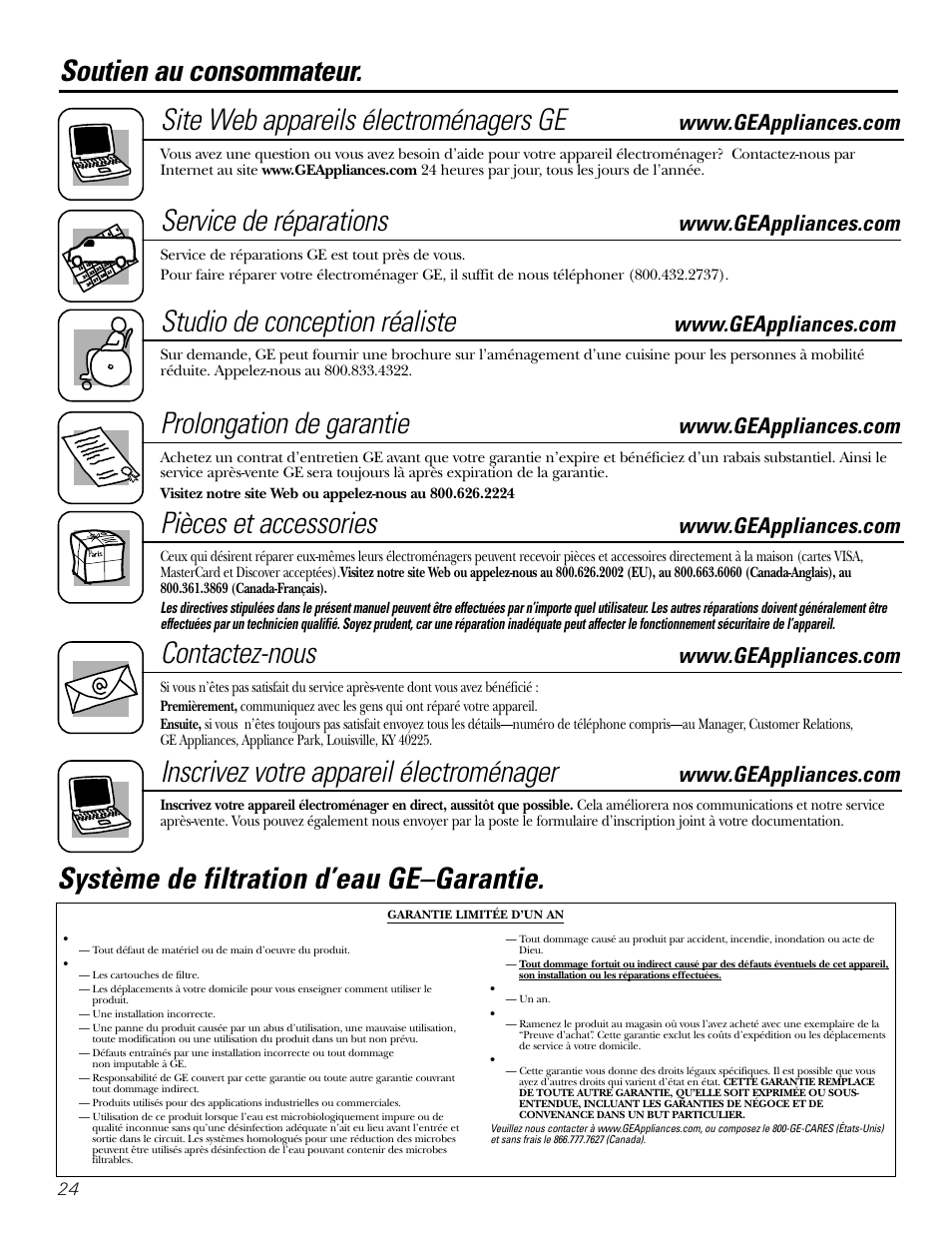 Garantie, Soutien au consommateur, Système de filtration d’eau ge–garantie | Service de réparations, Studio de conception réaliste, Prolongation de garantie, Pièces et accessories, Contactez-nous, Inscrivez votre appareil électroménager | GE GX1S04C User Manual | Page 24 / 36