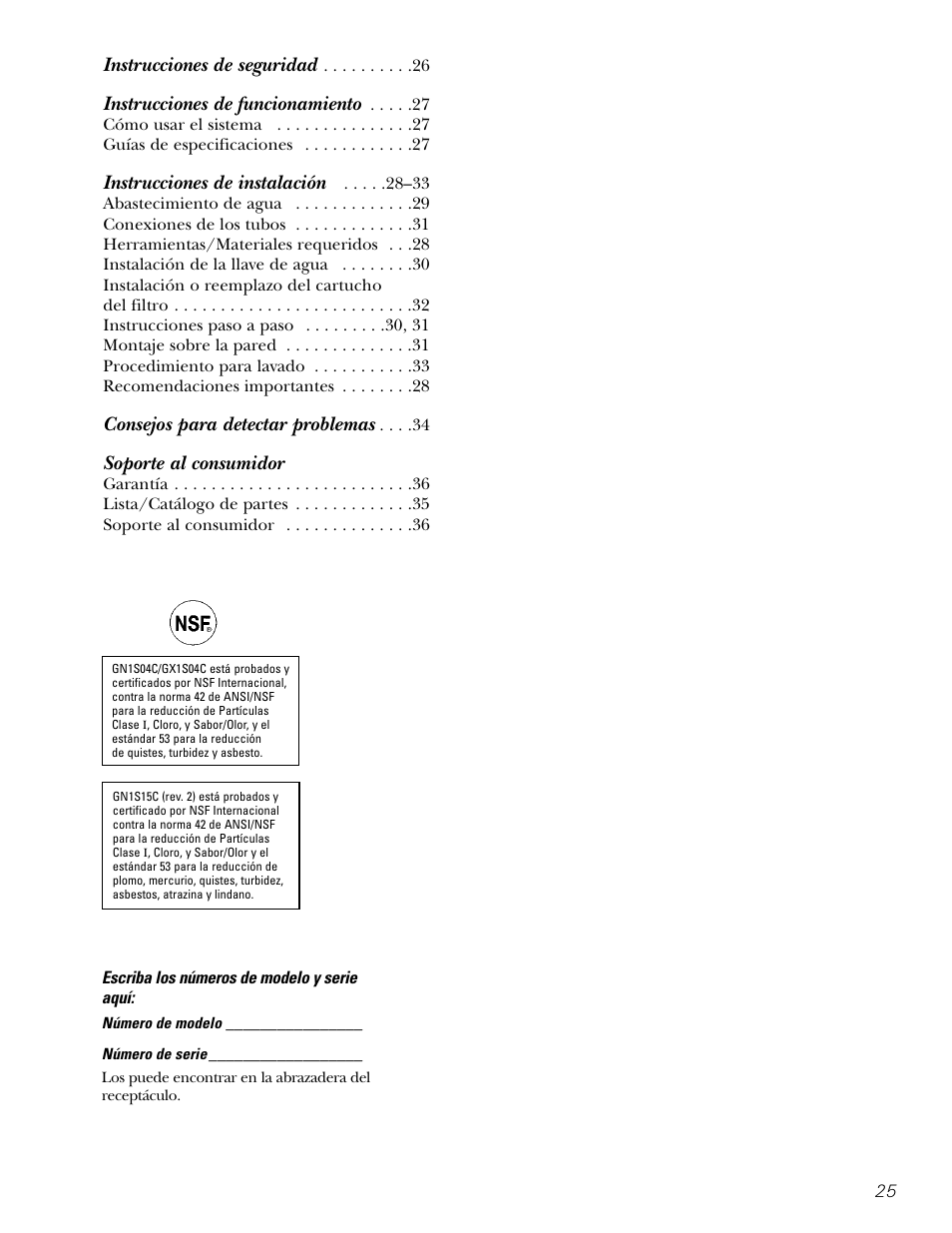 Spanish table of contents, Soporte al consumidor | GE GX1S04C User Manual | Page 25 / 36