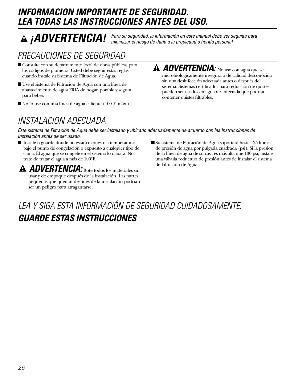 Instrucciones de seguridad, Advertencia, Precauciones de seguridad | Instalacion adecuada | GE GX1S04C User Manual | Page 26 / 36