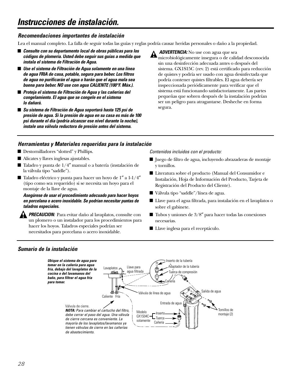 Instrucciones de instalación, Herramientas/materiales requeridos, Recomendaciones importantes | Recomendaciones importantes de instalación | GE GX1S04C User Manual | Page 28 / 36