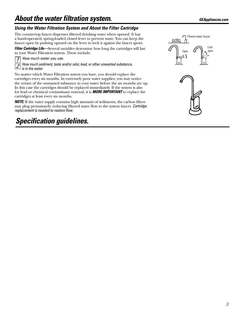 About the water filtration system, Specification guidelines | GE GX1S04C User Manual | Page 3 / 36